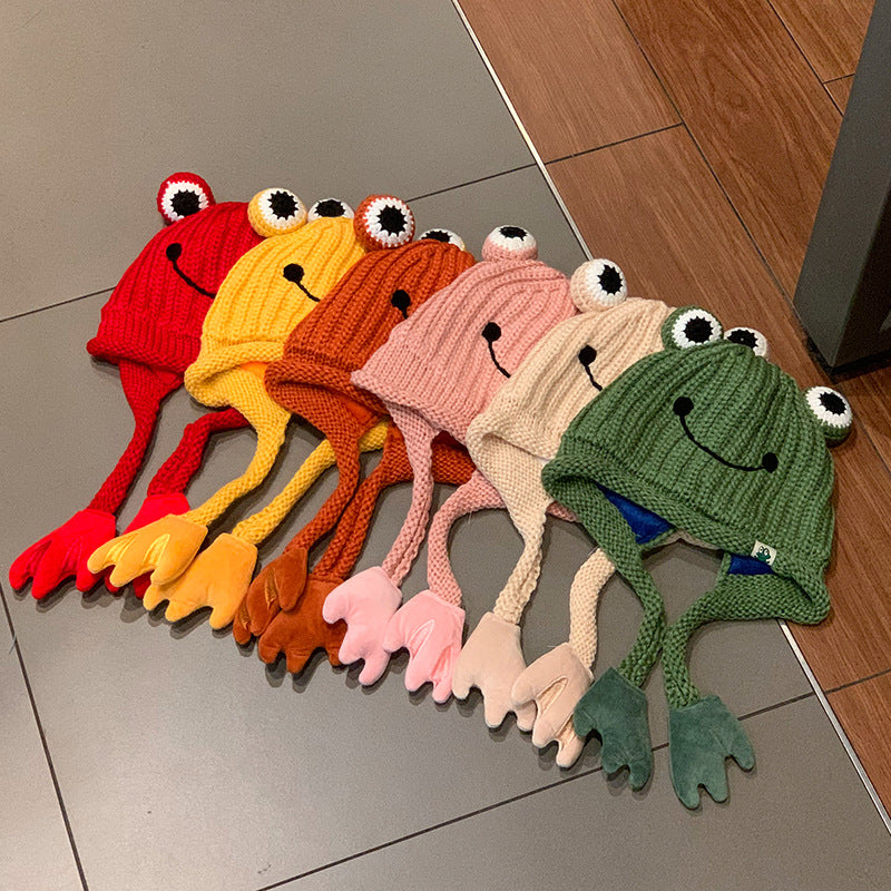 Wholesale Cute Frog Knitted Wool Hats with Plush Polyester Ear Protectors